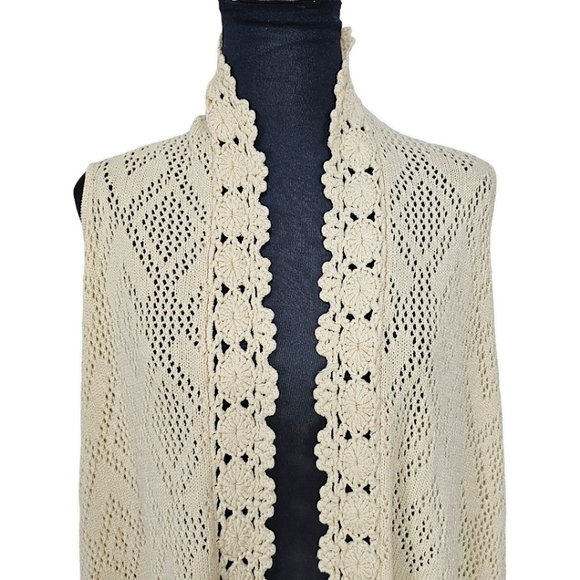 Rebecca Elliot Cottagecore Boho Tan Crochet Knit Open Front Vest Cardigan Small - Picture 7 of 13
